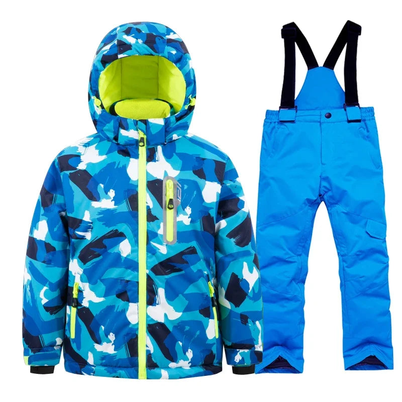 Casaco de esqui e calças para crianças, coupe-vent, imperméable, ensemble de snowboard, quente, trajes de neve, vêtements d'extérieur, meninos, meninas, hiver 