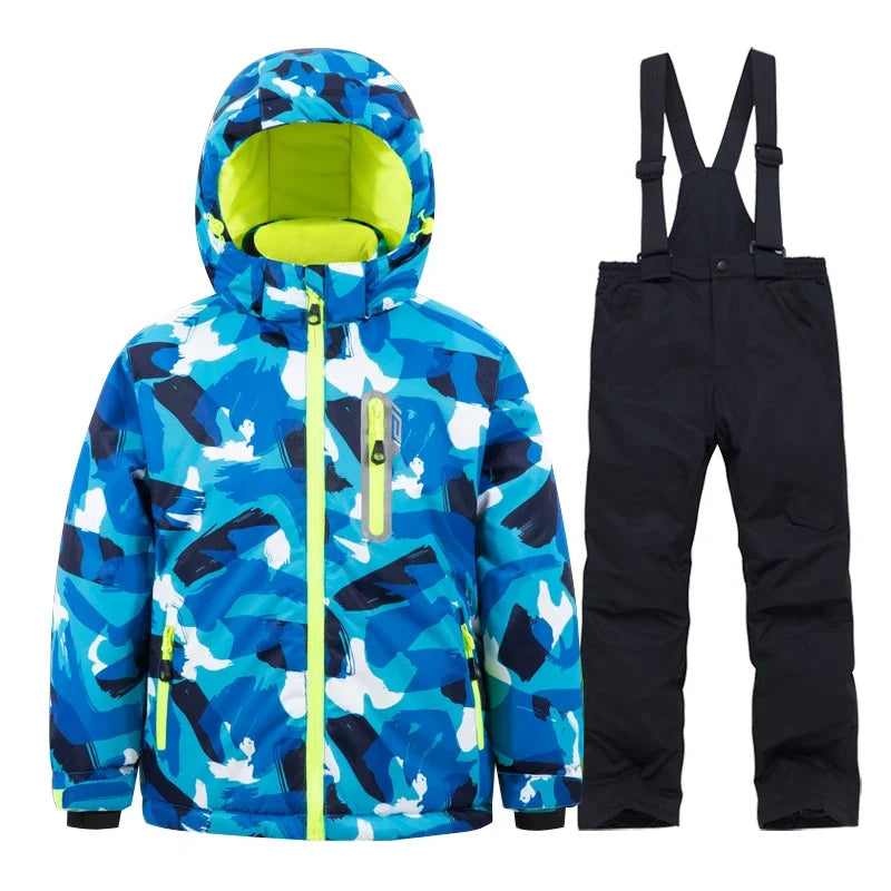 Casaco de esqui e calças para crianças, coupe-vent, imperméable, ensemble de snowboard, quente, trajes de neve, vêtements d'extérieur, meninos, meninas, hiver 