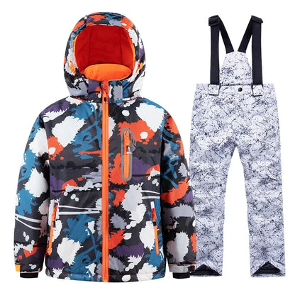 Casaco de esqui e calças para crianças, coupe-vent, imperméable, ensemble de snowboard, quente, trajes de neve, vêtements d'extérieur, meninos, meninas, hiver 