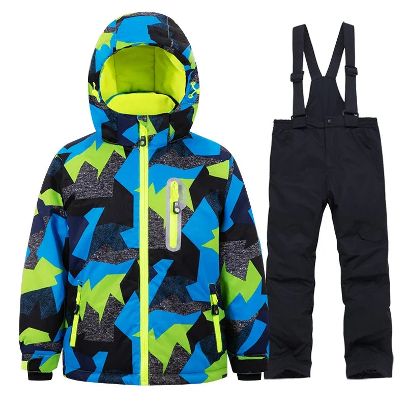 Casaco de esqui e calças para crianças, coupe-vent, imperméable, ensemble de snowboard, quente, trajes de neve, vêtements d'extérieur, meninos, meninas, hiver 