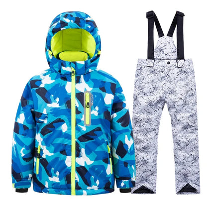 Casaco de esqui e calças para crianças, coupe-vent, imperméable, ensemble de snowboard, quente, trajes de neve, vêtements d'extérieur, meninos, meninas, hiver 